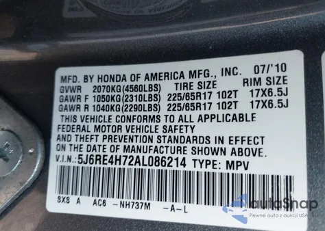 2010 Honda Cr-V Ex-L из США, поврежденный, VIN 5J6RE4H72AL086214